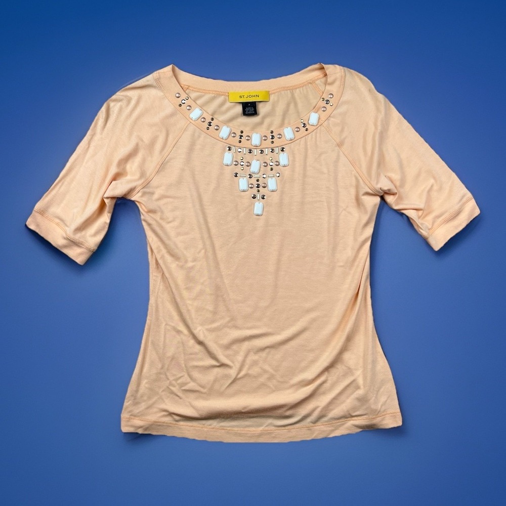 St. John Top Size Petite Peach Soft Pink With Beads Short Sleeve Shirt